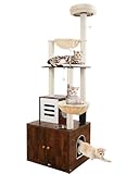 Katzenbaum mit Katzentoilettengehege, moderner Katzenturm aus Holz für Indoor-Katzen mit großer Plattform, verstecktem Katzenklo Möbel mit Sisal-Kratzbaum und weicher Plüschsitzstange,