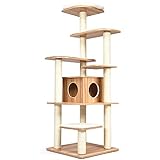 COSTWAY 175cm Kratzbaum Holz, 6-stufiger Katzenkratzbaum Groß, Katzen Spielhaus mit Höhle und 5 Matten, Aktivitätsbaum Katzenmöbel Kletterbaum Katzenhaus, Katzenbaum Beige+Natur