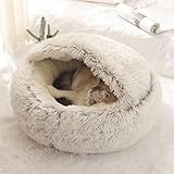Fashionapple Flauschiges Katzenbett, rund, weiches Plüsch, Höhle mit Kapuze, Katzenbett, für den Winter, warm, Schlafkissen, rutschfest, maschinenwaschbar, für Katzen und Welpen,Kaffee,40 cm