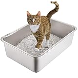 Yangbaga Edelstahl Katzentoilette Katzenklo in 60x 40x 15 cm Groß, robuste Katzentoilette, Nicht leicht zu verzerren, Kaninchentoilette, Toilette für großes Häschen und große Katze (Silber)