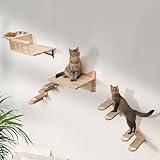LitaiL Katzen Kletterwand Set aus Massivholz, Extra Stabile Katzenkletterwand mit Katzennapf Wand,Katzenliege und Katzenstufen für Wand, 6-teilig, Bis 25KG