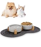 JOFLVA Futternapf Hund Keramik Futternapf Katze Doppelt Futternapf für Hunde und Katze mit Bambus Ständer und Rutschfester Unterlage (400ml, 2-Grau)