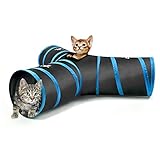 Pawaboo Katze Tunnel - Faltbar 3 Wege Katzentunnel Cat Play Tunnel Spieltunnel Rascheltunnel Katzenspielzeug mit Pompon und Glocken für Hunde, Welpeln, Kaninchen, 25 * 53cm, Schwarz und Hellblau