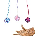 Andiker 3 Stück Katzenspielzeug Wollball mit Glocke und Schnur, Kätzchen Spielzeug Bunte Garnbälle für Indoor Katzen Interaktives Spielen