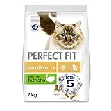 Perfect Fit Sensitive 1+ Katzentrockenfutter reich an Truthahn, 7kg (1 Beutel) – Premium Katzenfutter für erwachsene, sensible Katzen ab 1 Jahr, ohne Weizen & Soja, zur Unterstützung der Verdauung