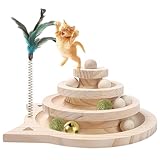 WishesMar Interaktives Katzen Spielzeug aus Holz Katzenspielzeug mit 3 Arten von Bällen Intelligenz-Spielzeug für Kätzchen Körperliche Bewegung Geistig 2-stufiges Kugelturm Spiel Schienen Spielzeug