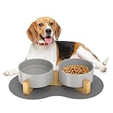 Doppel 850ml Hundenapf Keramik Futternapf Fressnapf Hund Erhöht Futterschüssel mit Bambus Ständer und rutschfestem Matte für mittelgroße und große Hunde Futter- und Wassernapf (Grau)