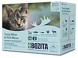 BOZITA Multibox Mixpack Lachs, Hering, viel Huhn, Rentier - Häppchen in Soße 12x85g Pouch Portionsbeutel - getreidefreies Nassfutter für erwachsene Katzen