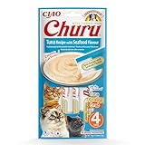 INABA Churu Püree Katzensnacks - Katzenpaste zum Füttern aus der Hand - Katzensticks mit Thunfisch & Meeresfrüchte - 4 Sticks x 14 g