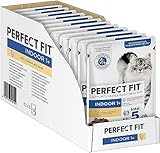 Perfect Fit Indoor 1+ – Katzennassfutter im Portionsbeutel für erwachsene Hauskatzen ab 1 Jahr – mit Huhn und Erbsen in Sauce – Anti-Hairball Effekt – Katzenfutter – Portionsbeutel (12 x 85g)