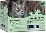 BOZITA Multibox Mixpack Lachs, Barsch, Rind, Hühnchenleber 4x (12x85g) - Häppchen in GELEE im Pouch Portionsbeutel - getreidefreies Nassfutter für erwachsene Katzen