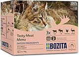 BOZITA Multibox Mixpack Rentier, Rind, Elch, Hühnchenleber Häppchen in GELEE 12x85g Pouch Portionsbeutel - getreidefreies Nassfutter für erwachsene Katzen