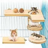 4-Piece Hamster Accessory Set, Small Animal Platform Natural Wood Hamster Toy for Guinea Pigs Chinchilla Rats Budgie Including L Jumping Board Round Rectangle and 3 Balls (L)