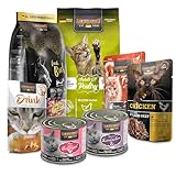 LEONARDO Katzenfutter Kennenlernpaket, 2 Sorten Trockenfutter und 5 Sorten Nassfutter für Katzen, ohne Zusatzstoffe, für alle Rassen, Made in Germany