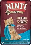 Rinti Gold Mini Huhn Pur & Geflügelherzen | 10 x 100 g | Alleinfuttermittel für ausgewachsene kleine Hunde | Ausschließlich Huhn für empfindliche Hunde bei Allergien | Im Frischebeutel