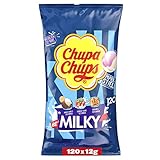 Chupa Chups Milky Lutscher-Beutel, mit 120 Lollis in 3 cremigen Geschmacksrichtungen Kakao-Vanille, Karamell & Erdbeer-Sahne, 120 x 12g