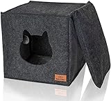 Bella & Balu Katzenhöhle inkl. Kissen + Spielzeug - Faltbare Katzenbetthöhle zum Schlafen, Verstecken, Spielen & Kratzen - 33x33x37 cm - Dunkelgrau