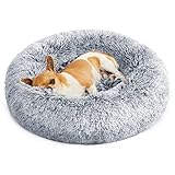 Feandrea Hundebett flauschig, Katzenbett, Donut Kissen, waschbar, Polsterung in der Mitte herausnehmbar, Langer Plüsch, 50 cm Durchmesser, Ombré-Grau PGW037G01