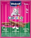 Vitakraft Cat Stick Classic, mit Ente und Kaninchen, Katzensnack, fleischige Mini-Sticks, einzeln verpackt, ohne Zuckerzusatz (3x 6g)
