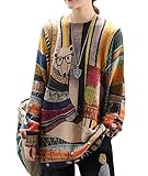 Janein Damen Pullover Oversize Lang Strickpullover Herbst Winter Rundhals Sweater mit Blumenmuster Weihnachtspullover L S01DE CR31